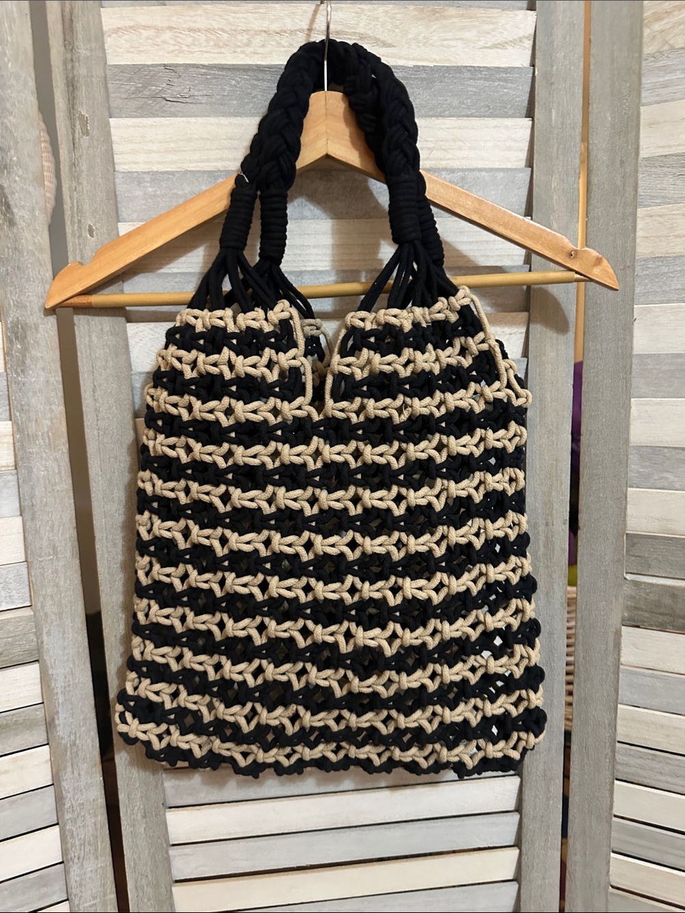 J. Crew Black and Beige Crochet Tote